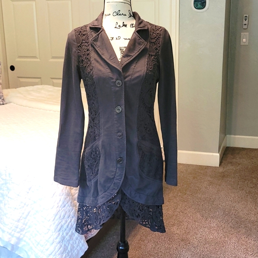 XCVI Grey Lace Trimmed Long Jacket
